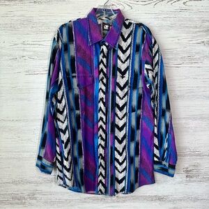 VINTAGE 80s KARMAN Bold Colorful Geometric Western Cotton Shirt L Blue Purple